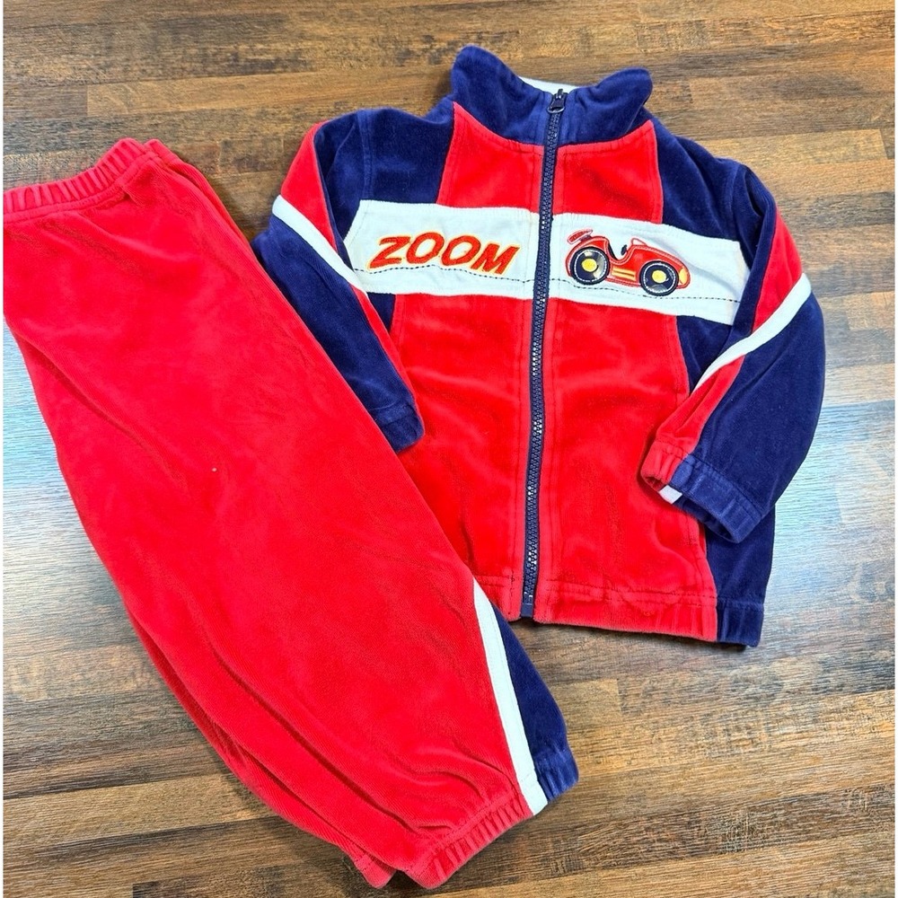 Vintage boys ZOOM Red Blue velour Tracksuit Set.  Size 24 months.